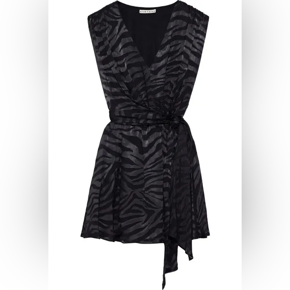 Alice + Olivia Black Essie Burnout Satin Mini faux Wrap Dress- Zebra - Picture 7 of 8